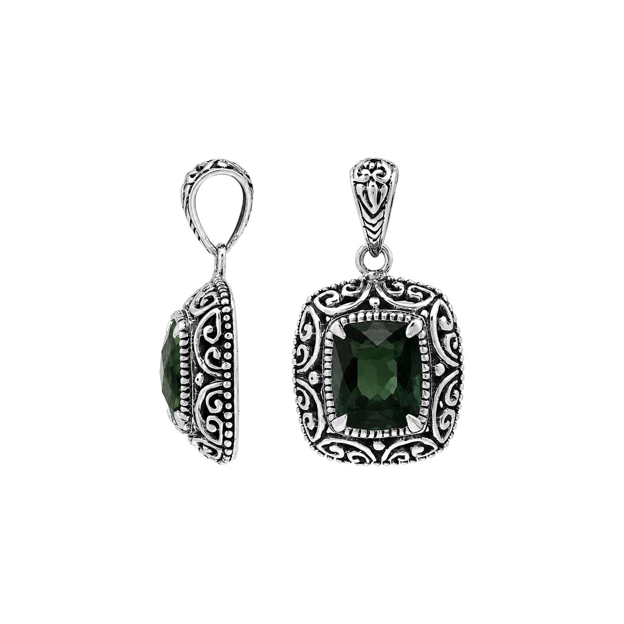 Sterling silver Green Quartz cushion cut pendant with handcrafted Balinese scrollwork detailing