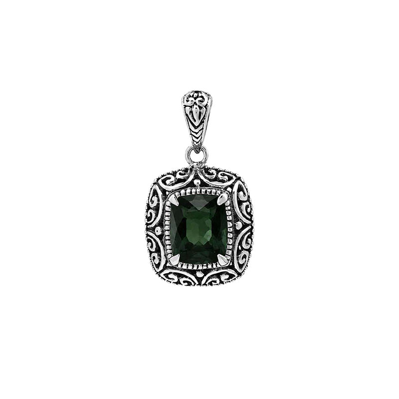 Sterling silver Green Quartz cushion cut pendant with handcrafted Balinese scrollwork detailing