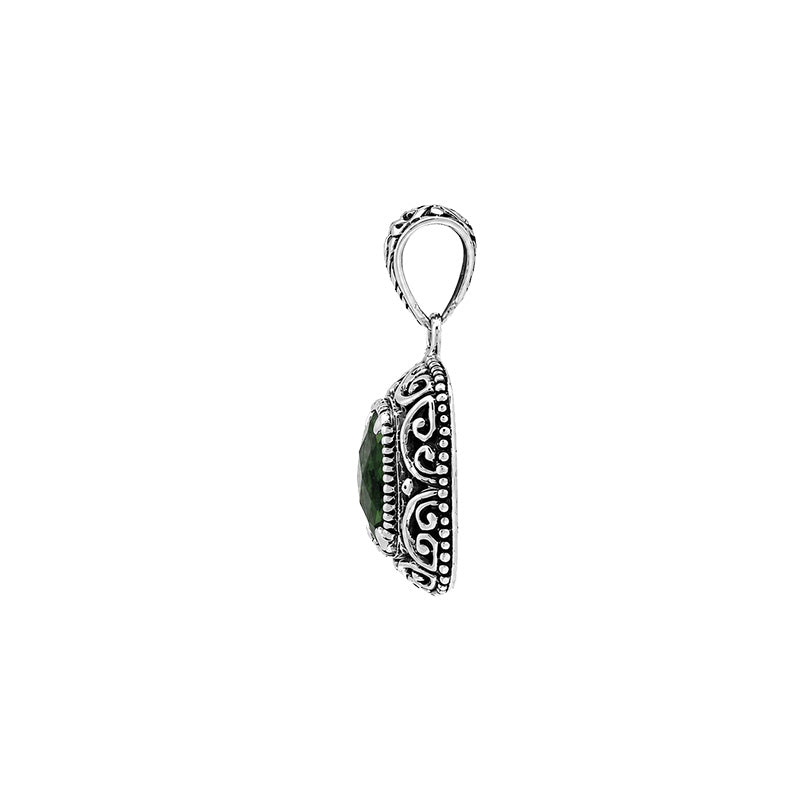 Sterling silver Green Quartz cushion cut pendant with handcrafted Balinese scrollwork detailing