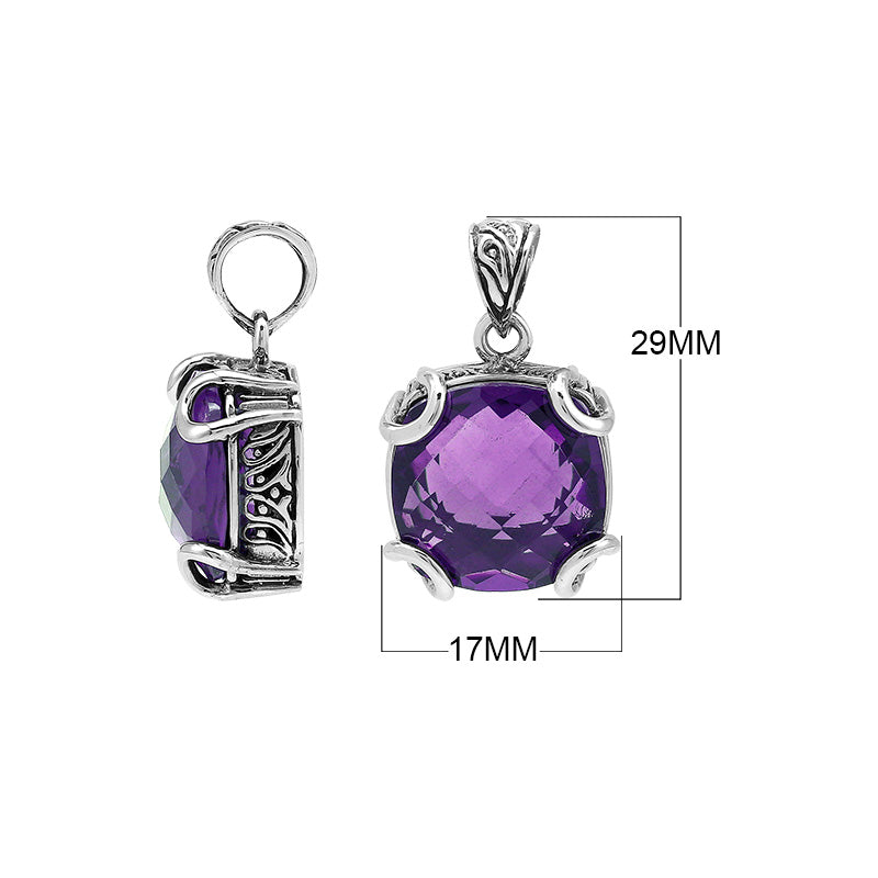Sterling silver cushion pendant featuring a faceted Amethyst Quartz center secured with artistic prong detailing and traditional Balinese carved accents.