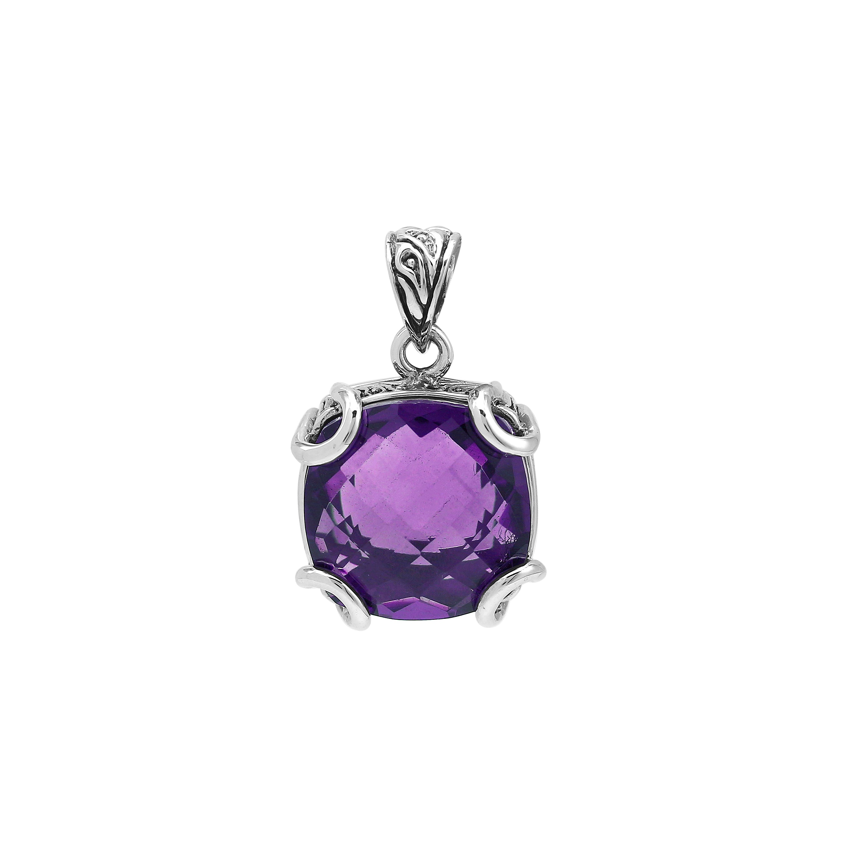 Sterling silver cushion pendant featuring a faceted Amethyst Quartz center secured with artistic prong detailing and traditional Balinese carved accents.