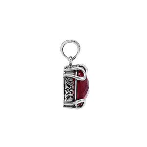 Sterling silver cushion pendant featuring a deep-toned Red Garnet Quartz center secured with artistic prong detailing and traditional Balinese carved accents.