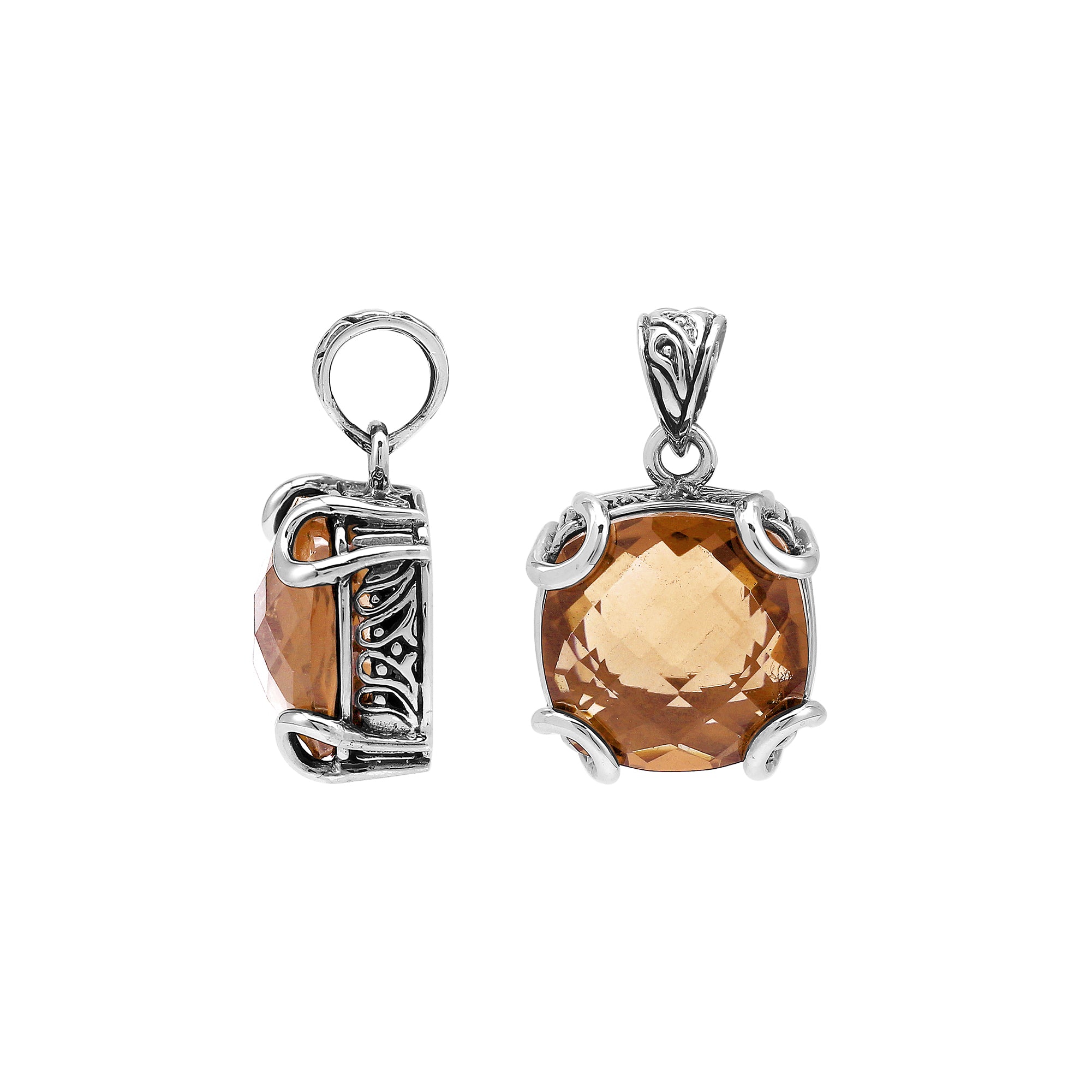 Sterling silver cushion pendant featuring a faceted Morganite Quartz centerpiece secured with artistic prong detailing and traditional Balinese carved embellishments.