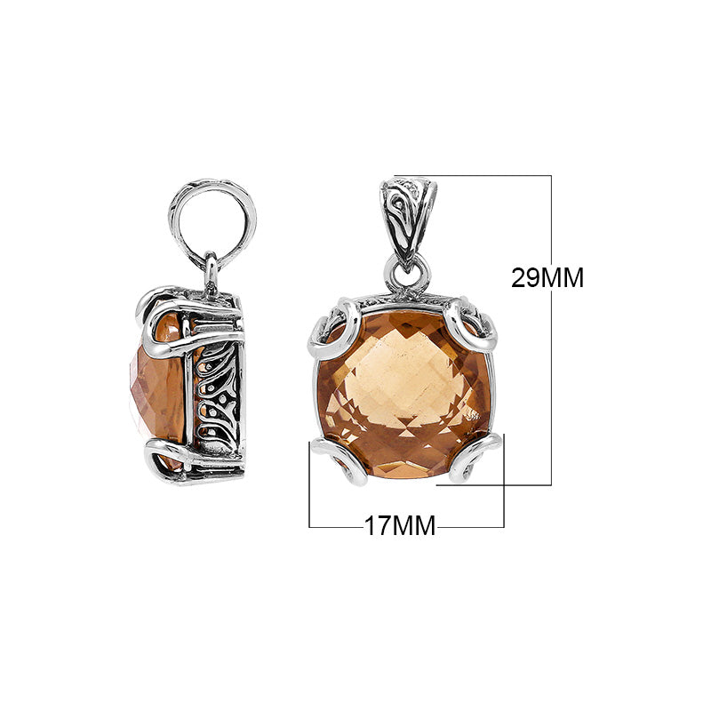 Sterling silver cushion pendant featuring a faceted Morganite Quartz centerpiece secured with artistic prong detailing and traditional Balinese carved embellishments.