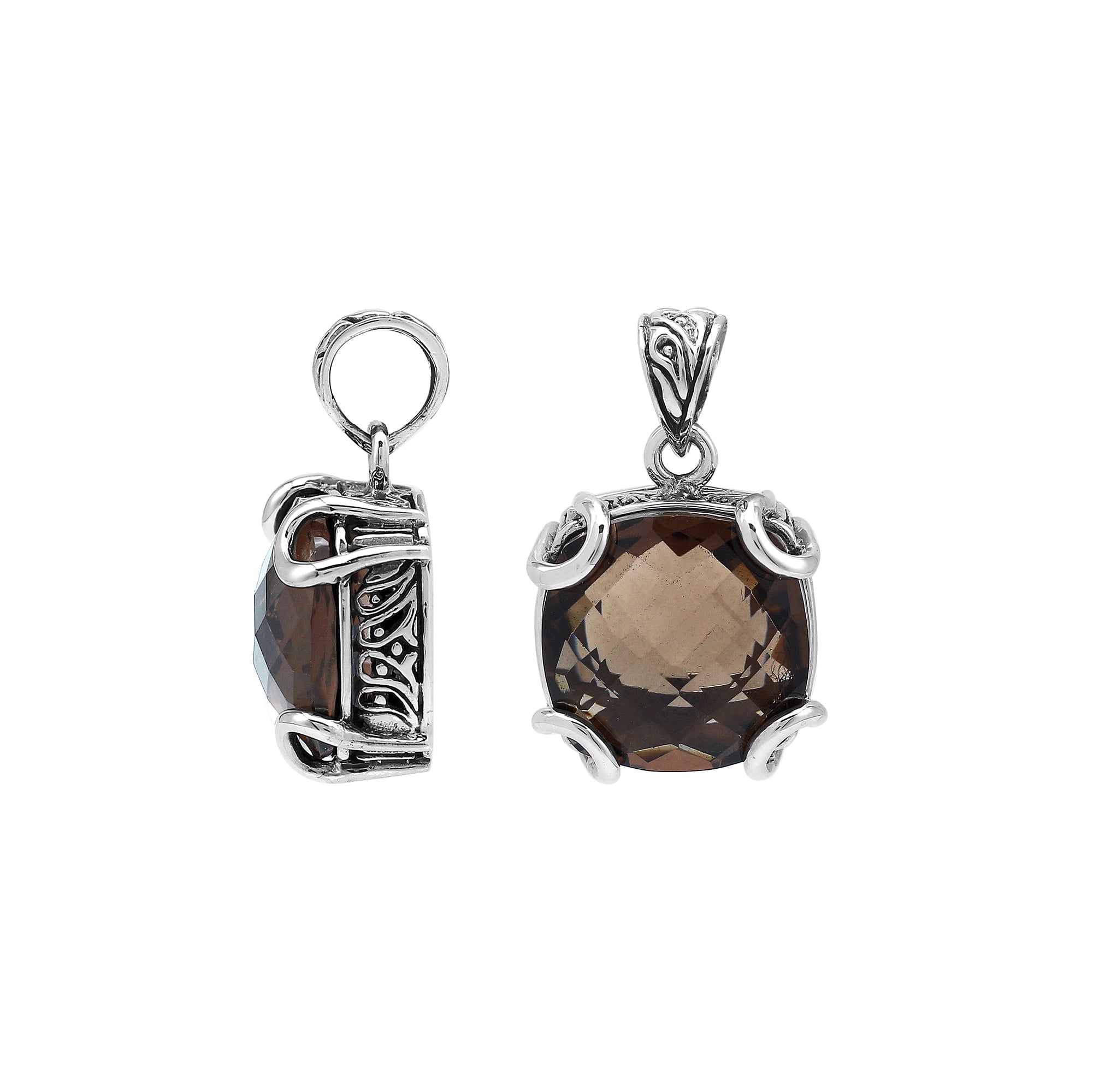 Sterling silver cushion pendant featuring a faceted Smokey Quartz centerpiece secured with decorative prong detailing and traditional Balinese carved ornamentation.