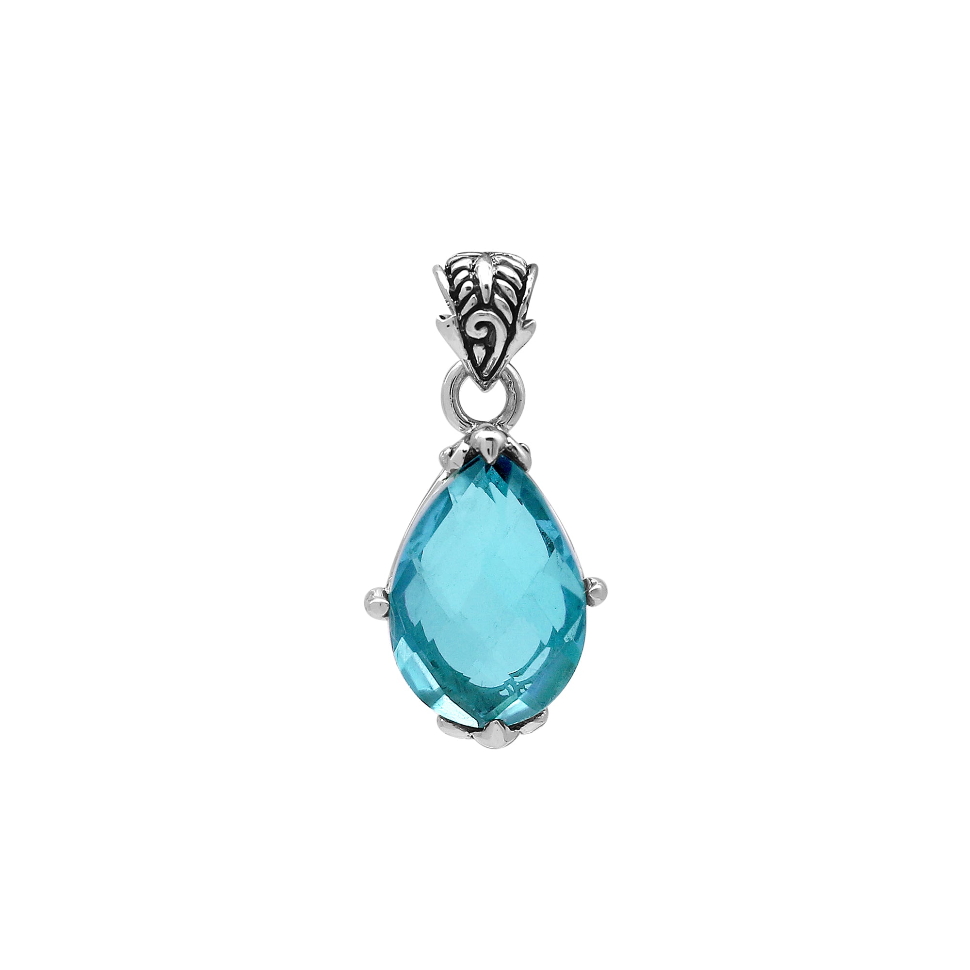 Sterling silver pear-shaped pendant featuring a faceted Blue Topaz Quartz centerpiece with polished prong-setting and intricate Balinese carved detailing.
