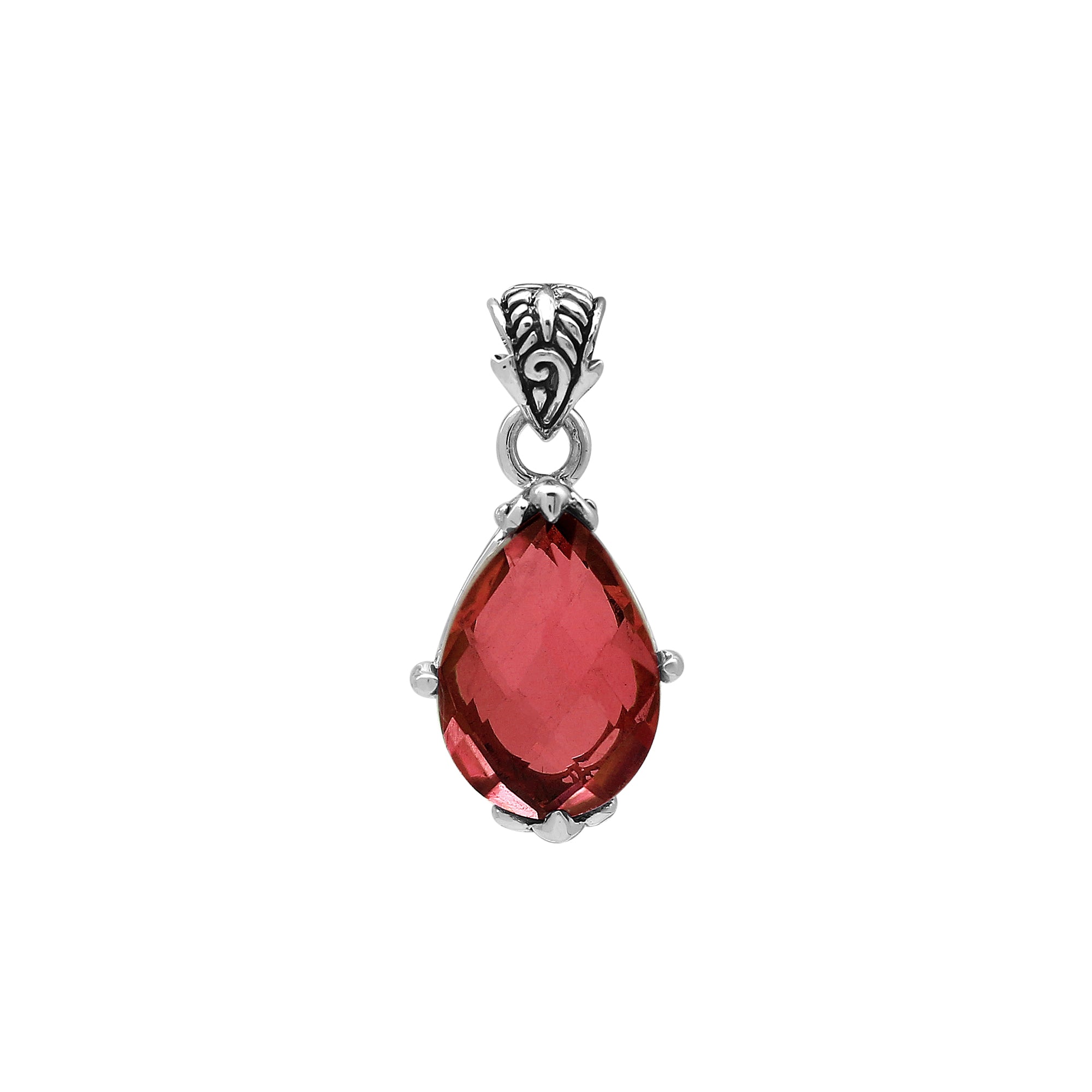 Sterling silver pear-shaped pendant featuring a faceted Red Garnet Quartz center with polished prong-setting and intricate Balinese carved ornamental accents.