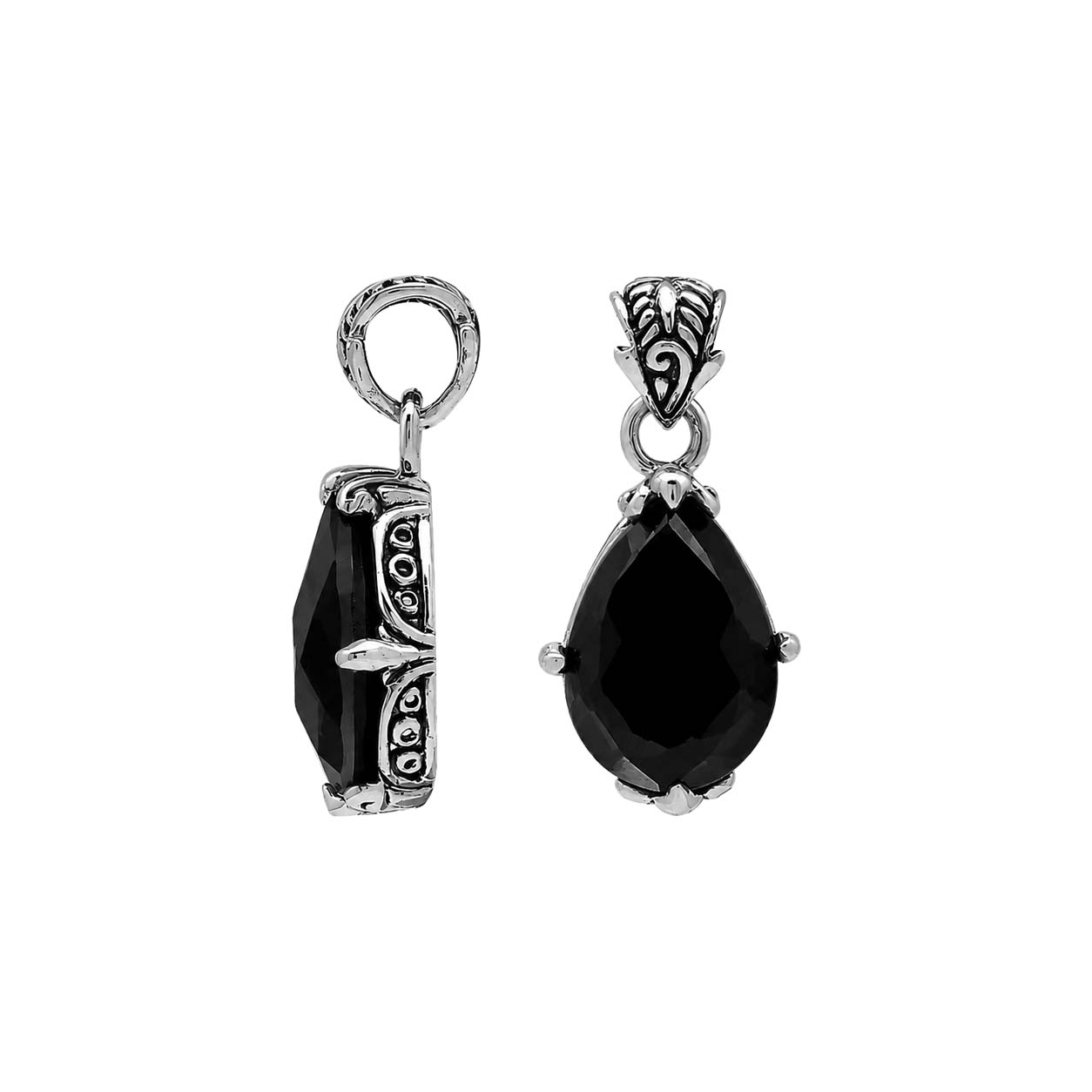 Sterling silver Black Onyx pear shape pendant with handcrafted Balinese silver detailing