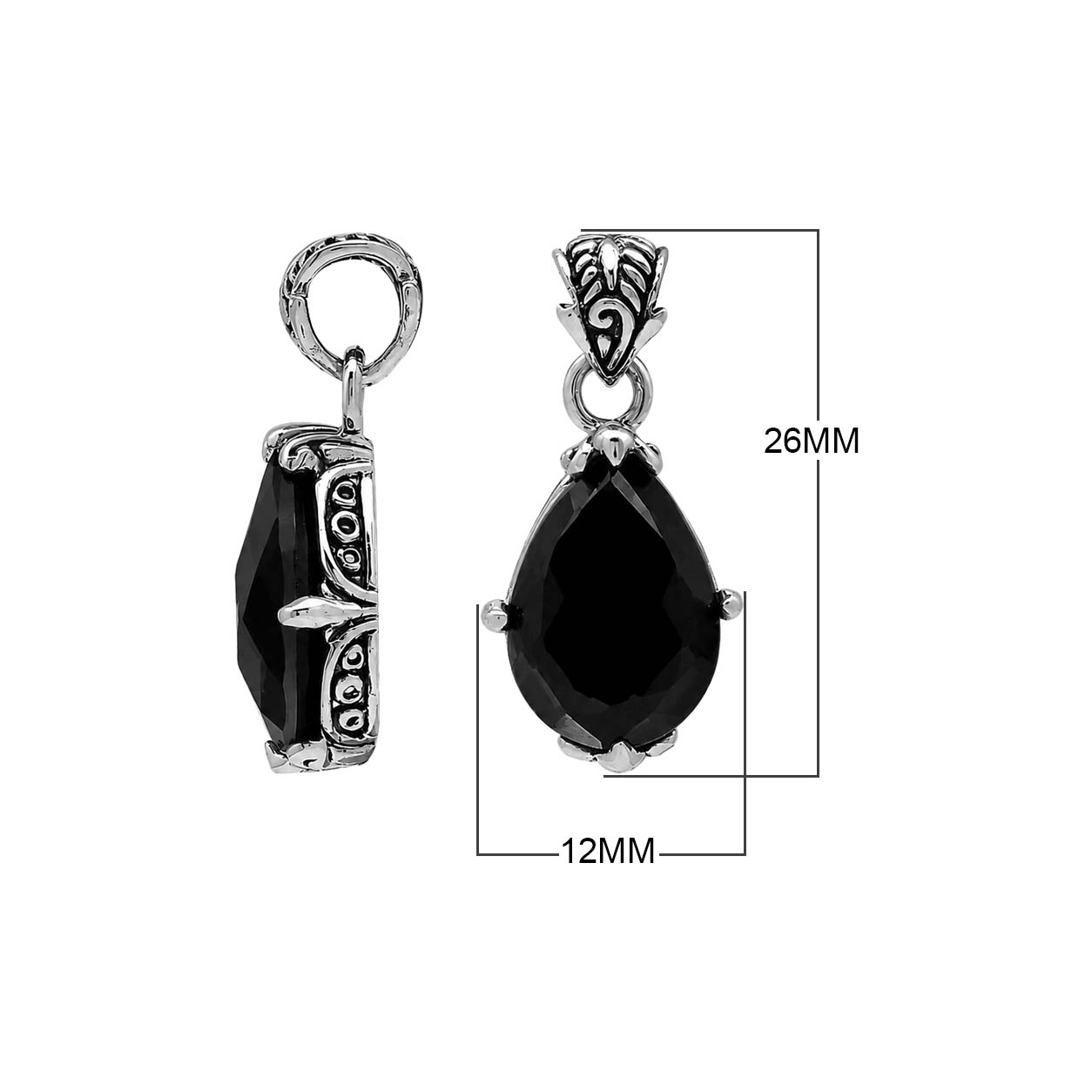 Sterling silver Black Onyx pear shape pendant with handcrafted Balinese silver detailing