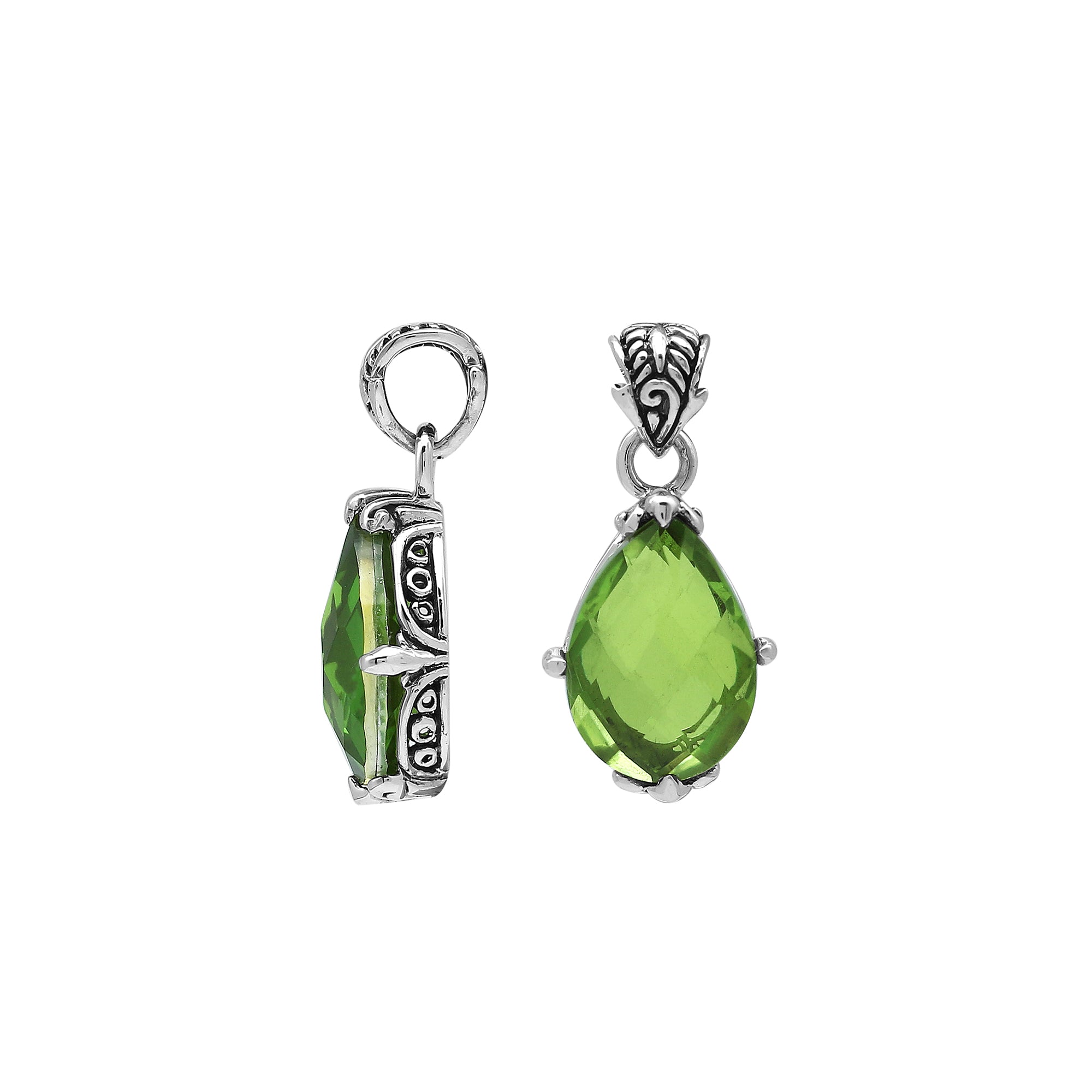 Sterling silver pear-shaped pendant featuring a faceted Peridot Quartz centerpiece with polished prong-setting and detailed Balinese carved ornamental accents.