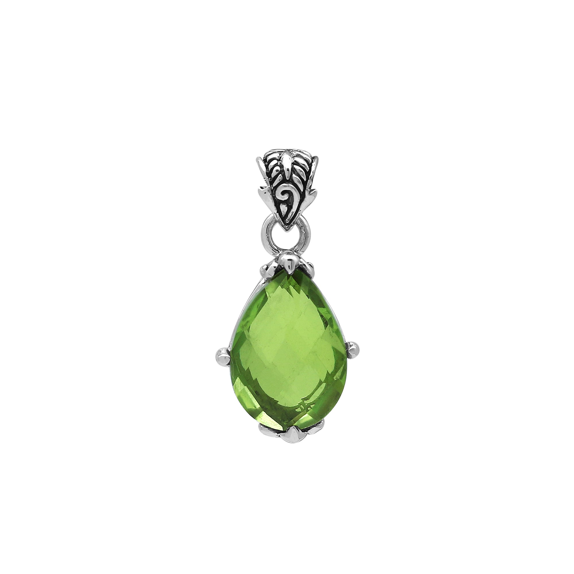 Sterling silver pear-shaped pendant featuring a faceted Peridot Quartz centerpiece with polished prong-setting and detailed Balinese carved ornamental accents.