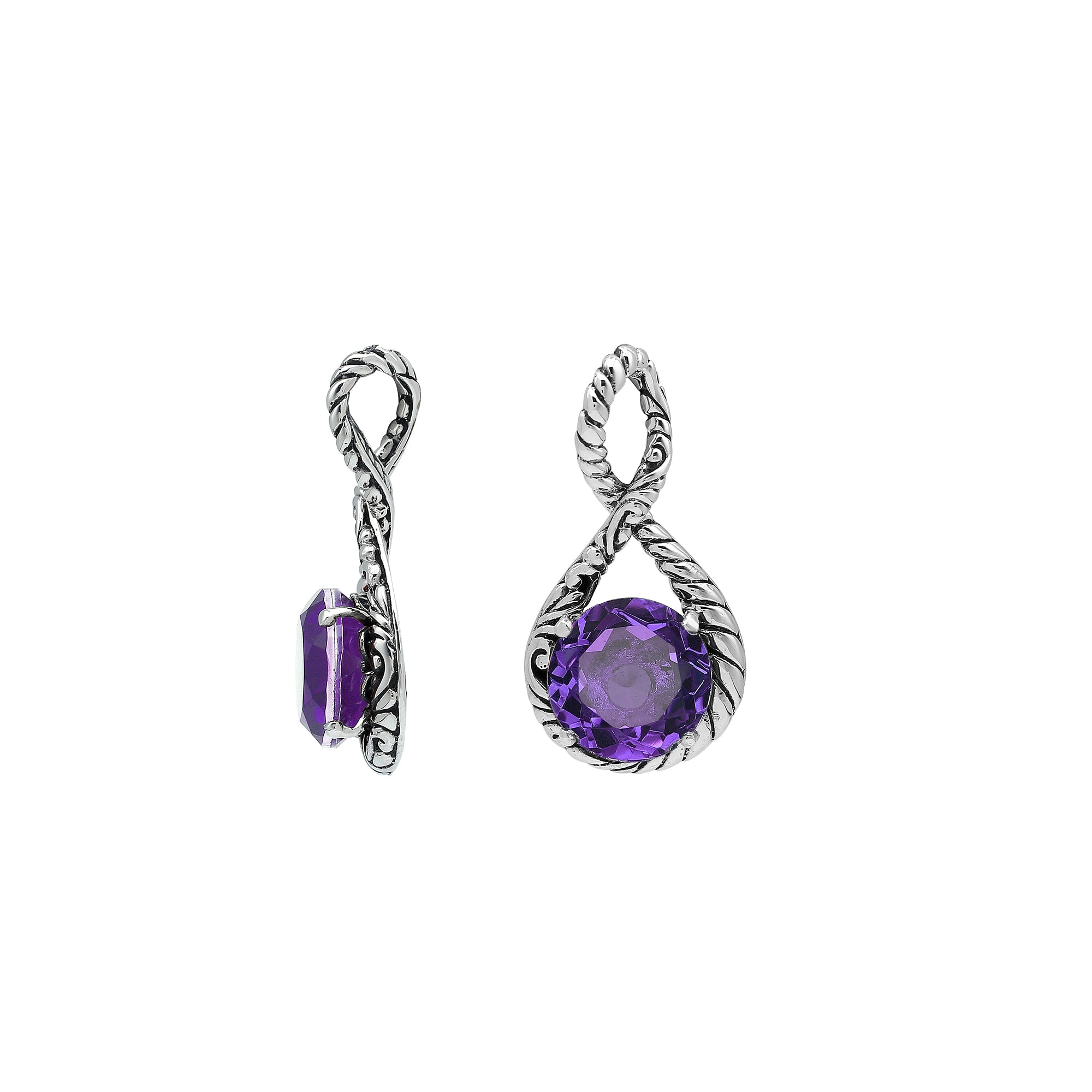 Sterling silver twisted loop pendant featuring a faceted Amethyst Quartz centerpiece with polished round setting and detailed Balinese engraved accents.
