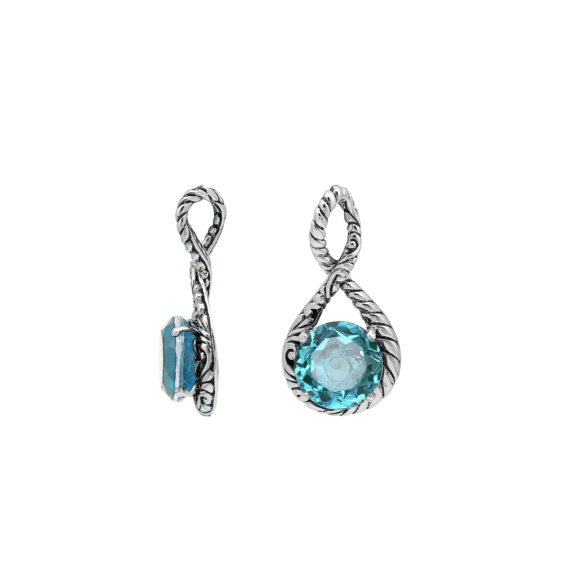 Sterling silver twisted loop pendant featuring a faceted Blue Topaz Quartz center with detailed Balinese engraving and polished round artistic setting.