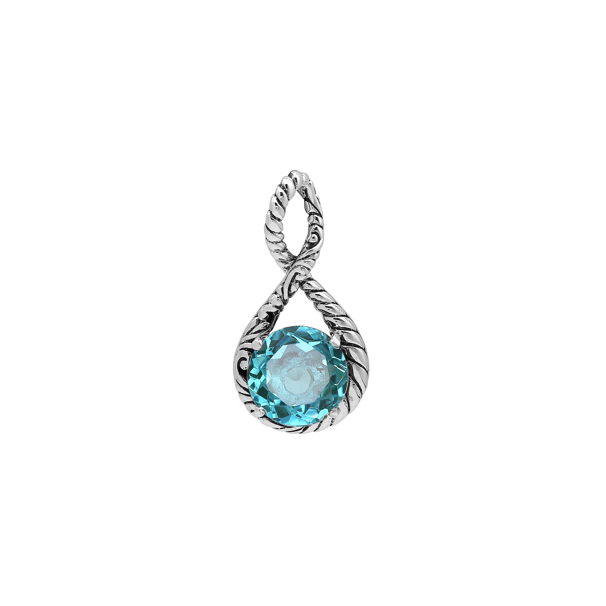 Sterling silver twisted loop pendant featuring a faceted Blue Topaz Quartz center with detailed Balinese engraving and polished round artistic setting.