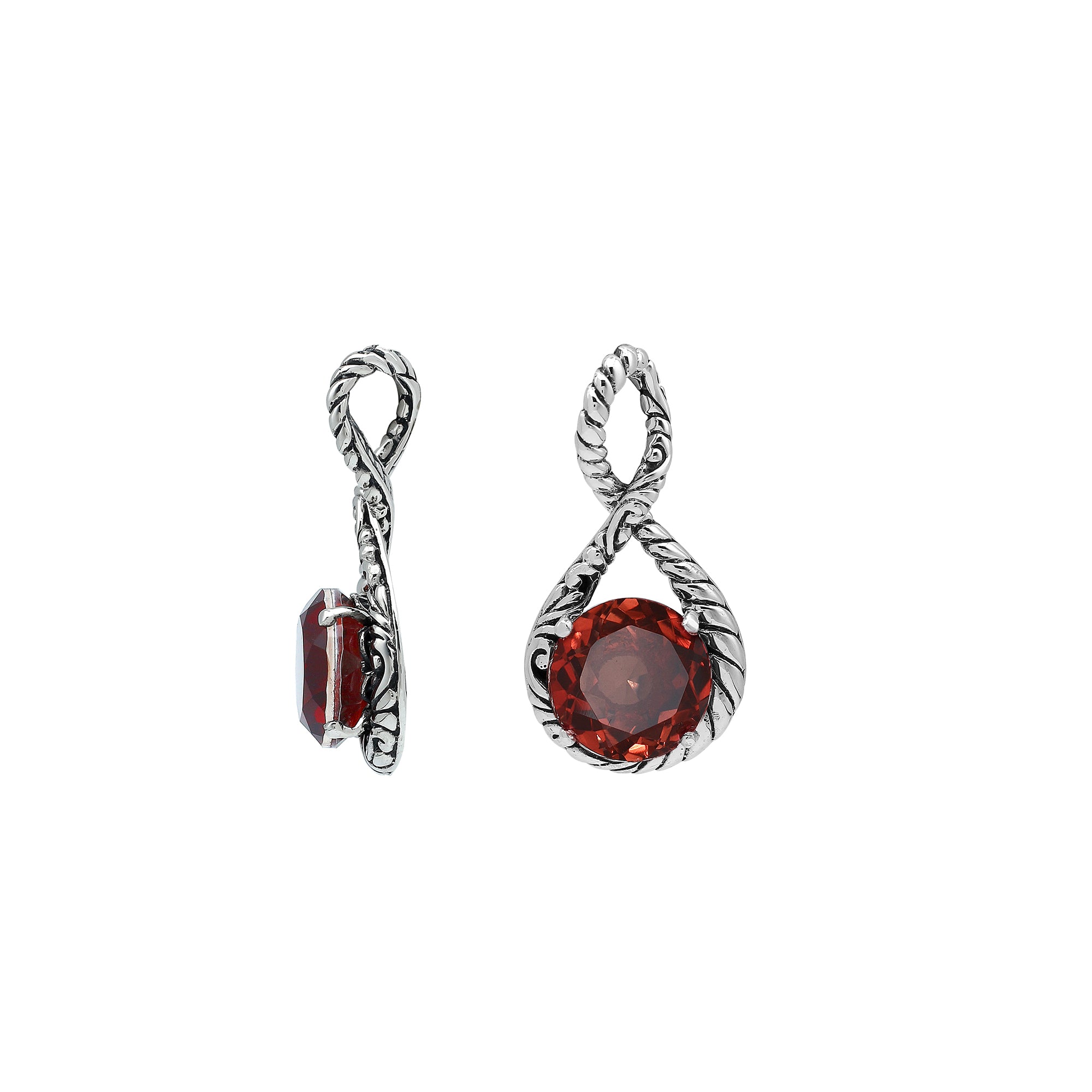 Sterling silver twisted loop pendant featuring a round faceted Red Garnet Quartz centerpiece with carved Balinese detailing and polished artistic round setting.
