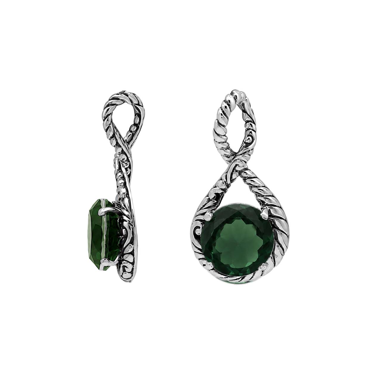 Sterling silver Green Quartz round cut pendant with handcrafted twisted rope detailing