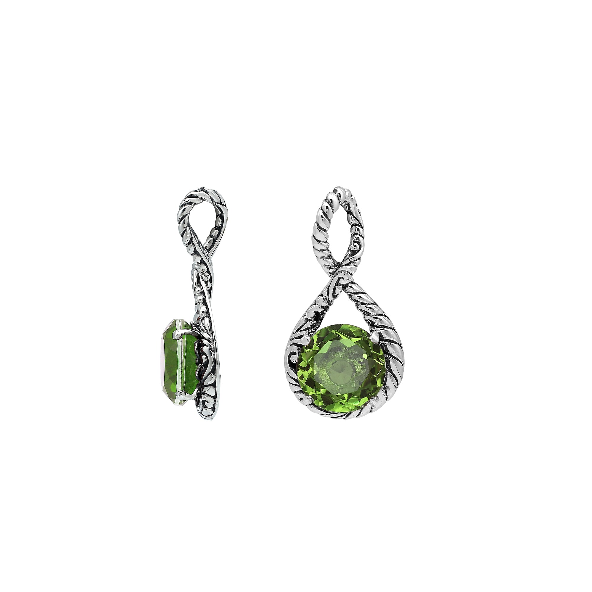 Sterling silver twisted loop pendant featuring a round Peridot Quartz centerpiece with carved Balinese engraving and polished artistic round design.