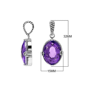 Sterling silver oval pendant with faceted Amethyst Quartz and rope-accent detailing.