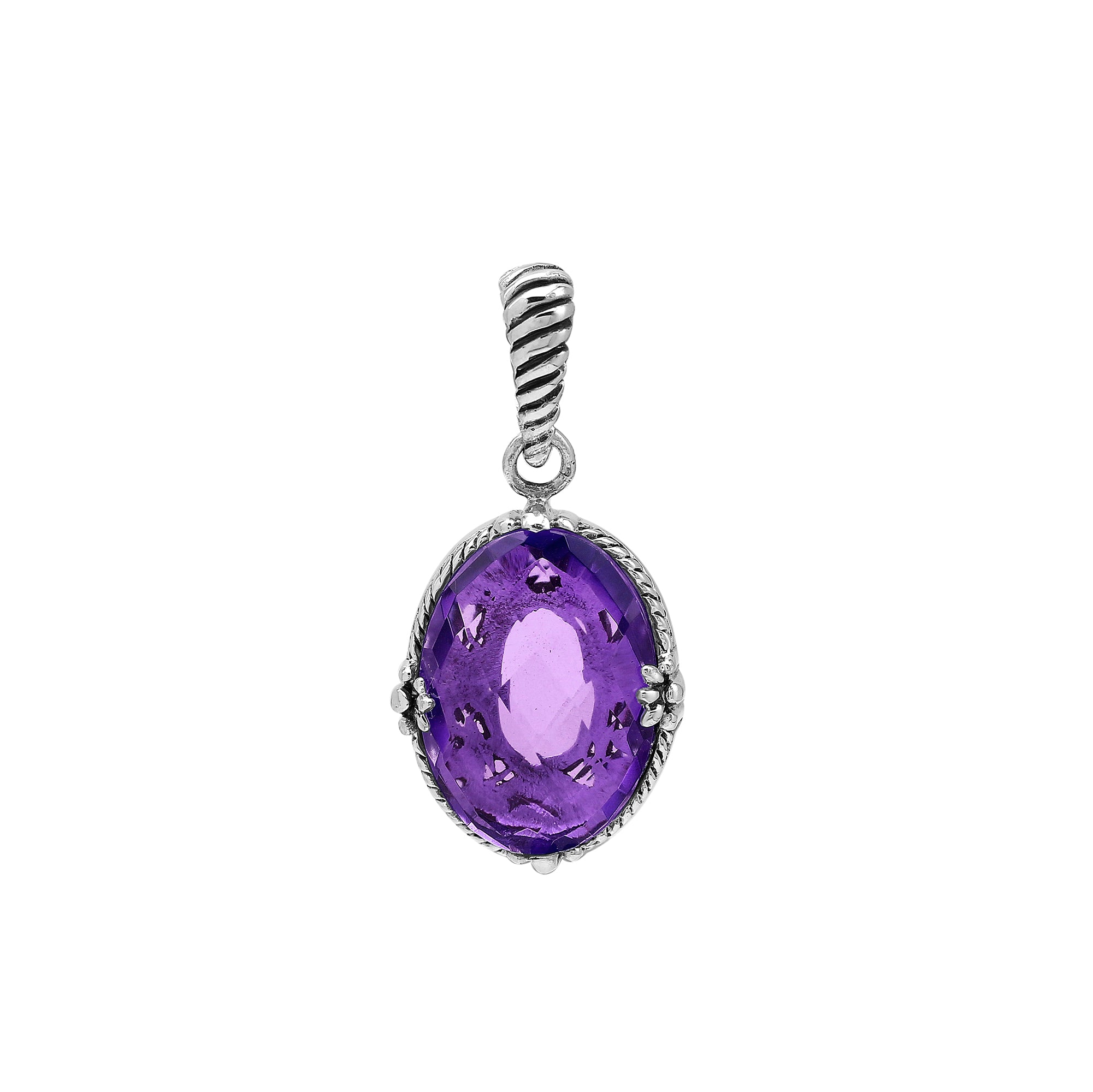Sterling silver oval pendant with faceted Amethyst Quartz and rope-accent detailing.