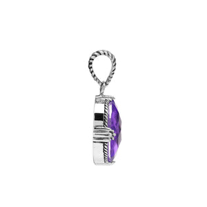 Sterling silver oval pendant with faceted Amethyst Quartz and rope-accent detailing.