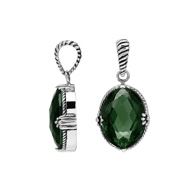 Sterling silver Green Quartz oval shape pendant with handcrafted twisted rope detailing