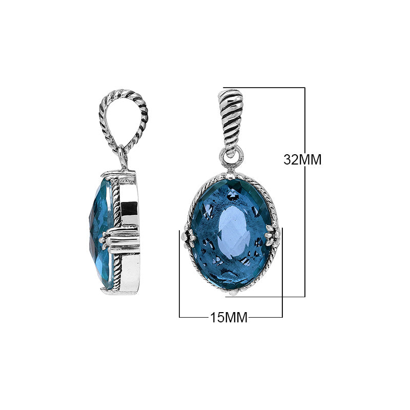 Sterling silver oval pendant with faceted Blue Topaz Quartz and rope-accent Balinese detail.