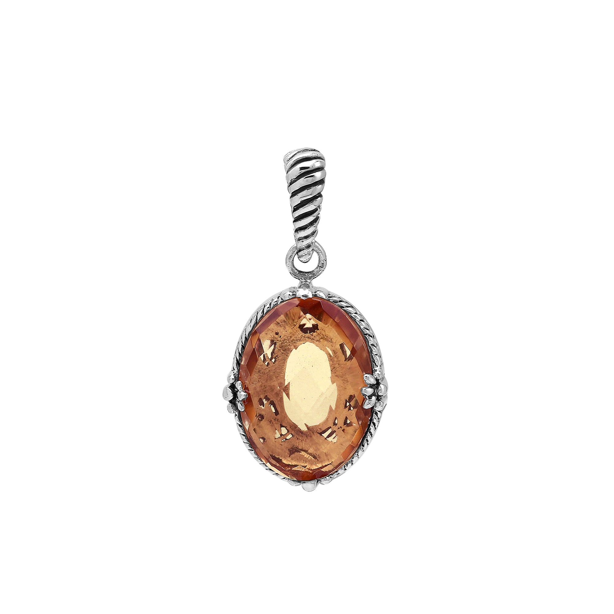 Morganite Quartz oval pendant crafted in polished 925 sterling silver with rope-style edges and a structured classic design suitable for wholesale jewelry buyers