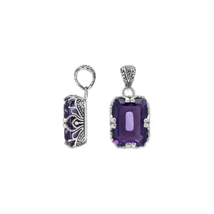 Emerald-cut Amethyst Quartz pendant crafted in polished 925 sterling silver with decorative filigree side detailing and a clean, structured wholesale-friendly design