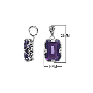 Emerald-cut Amethyst Quartz pendant crafted in polished 925 sterling silver with decorative filigree side detailing and a clean, structured wholesale-friendly design