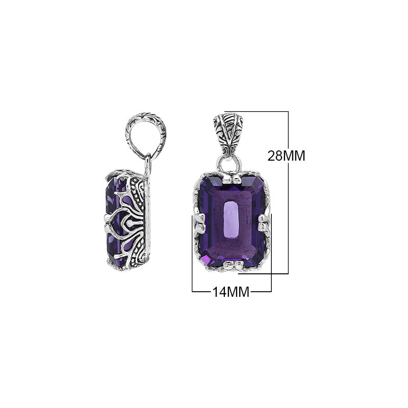 Emerald-cut Amethyst Quartz pendant crafted in polished 925 sterling silver with decorative filigree side detailing and a clean, structured wholesale-friendly design