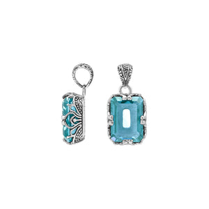 Blue Topaz Quartz emerald-cut pendant crafted in polished 925 sterling silver with decorative filigree side detailing and a refined structure for wholesale buyers