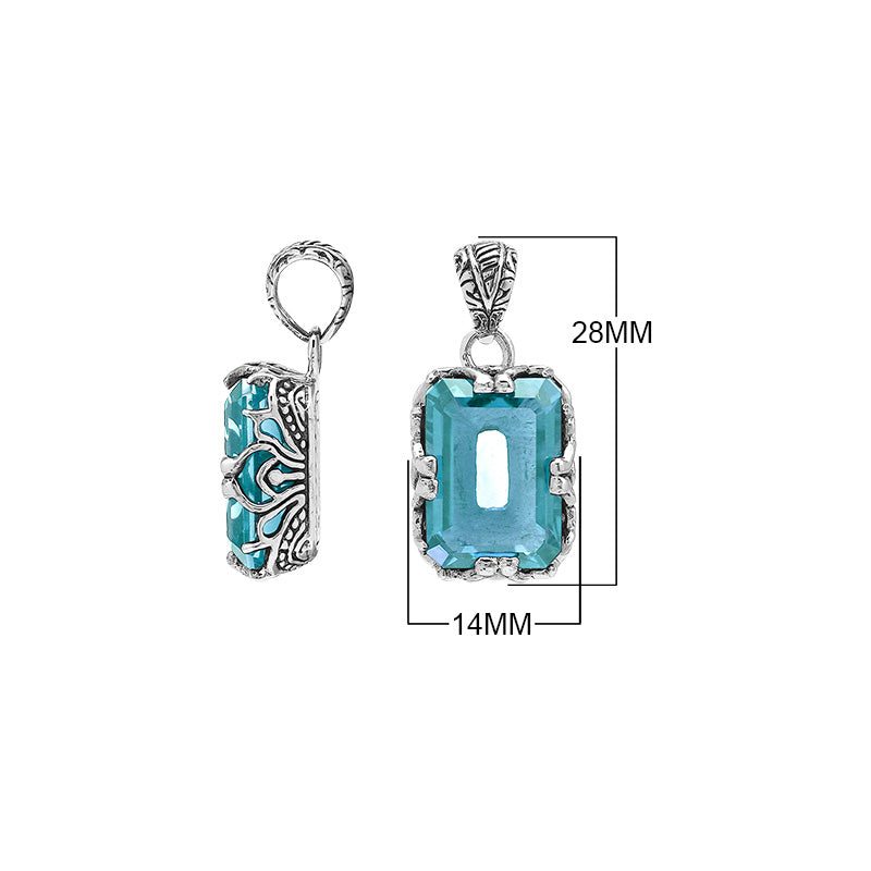 Blue Topaz Quartz emerald-cut pendant crafted in polished 925 sterling silver with decorative filigree side detailing and a refined structure for wholesale buyers