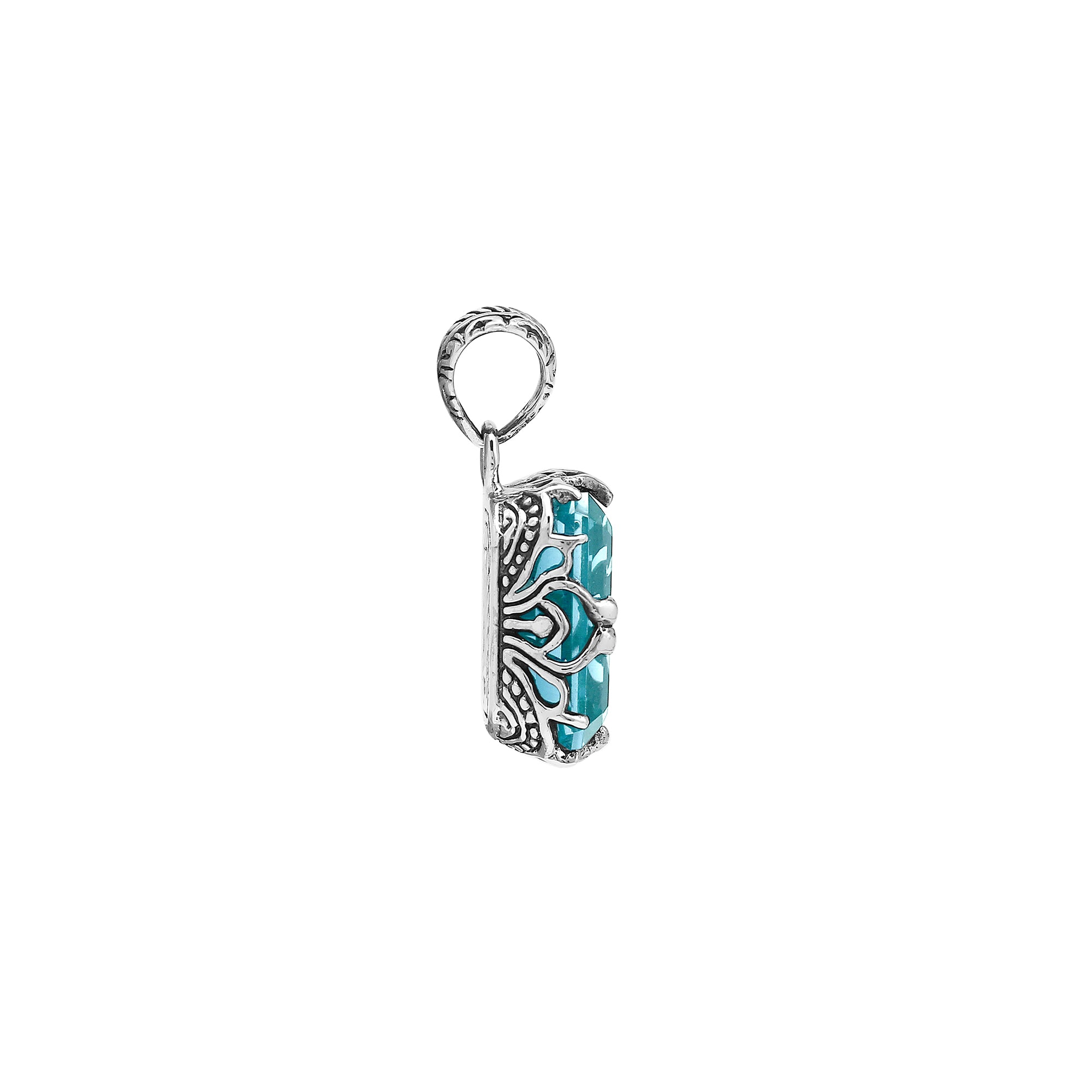Blue Topaz Quartz emerald-cut pendant crafted in polished 925 sterling silver with decorative filigree side detailing and a refined structure for wholesale buyers