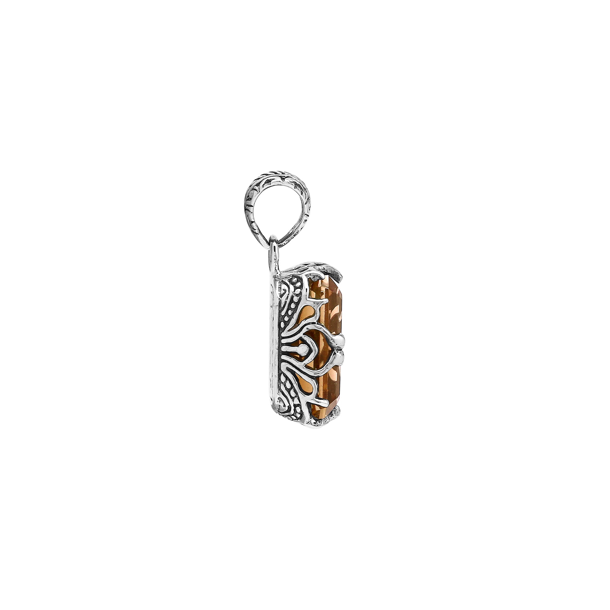 Citrine Quartz emerald-cut pendant made in polished 925 sterling silver featuring intricate filigree side detailing and a structured classic form for wholesale buyers
