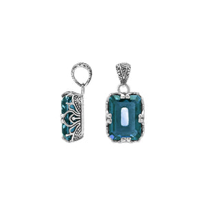 London Blue Topaz Quartz emerald-cut pendant crafted in polished 925 sterling silver with intricate filigree side detailing and a strong, classic wholesale design