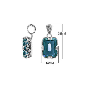 London Blue Topaz Quartz emerald-cut pendant crafted in polished 925 sterling silver with intricate filigree side detailing and a strong, classic wholesale design