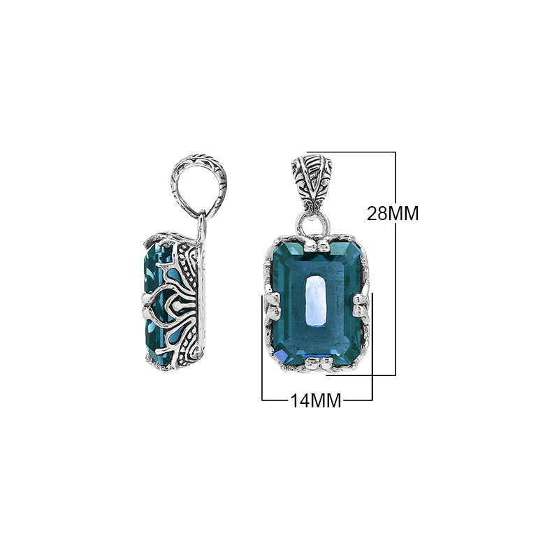 London Blue Topaz Quartz emerald-cut pendant crafted in polished 925 sterling silver with intricate filigree side detailing and a strong, classic wholesale design