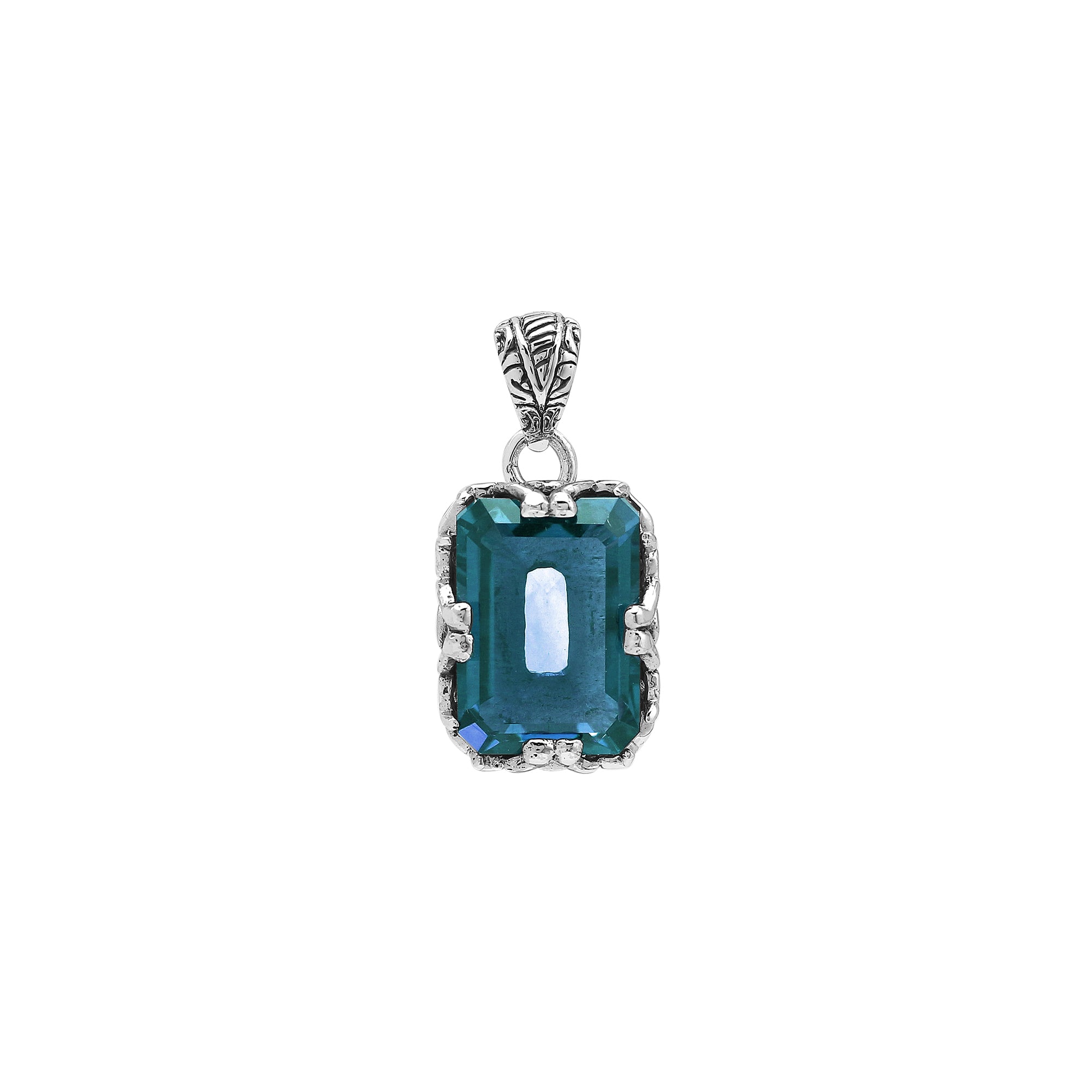 London Blue Topaz Quartz emerald-cut pendant crafted in polished 925 sterling silver with intricate filigree side detailing and a strong, classic wholesale design