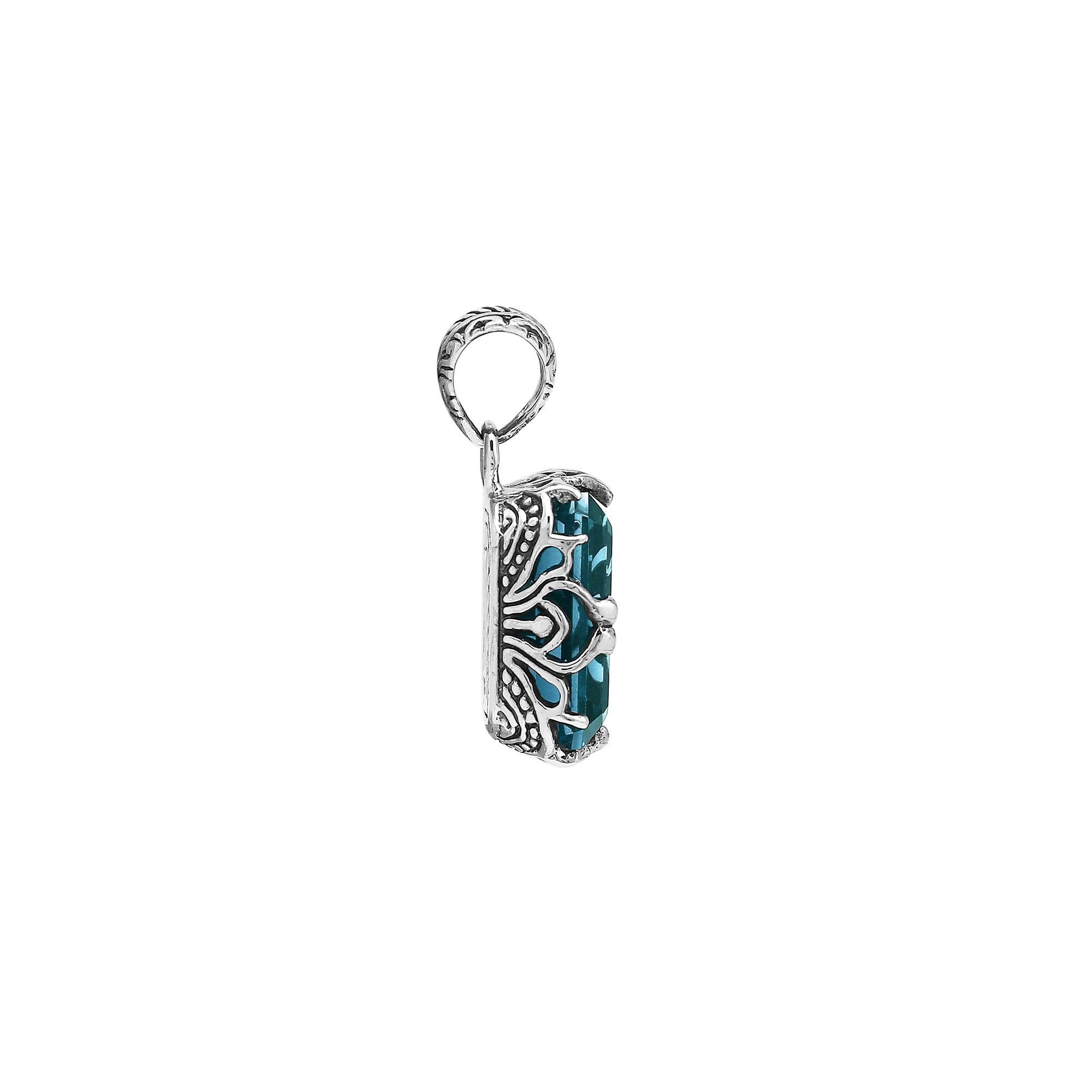 London Blue Topaz Quartz emerald-cut pendant crafted in polished 925 sterling silver with intricate filigree side detailing and a strong, classic wholesale design