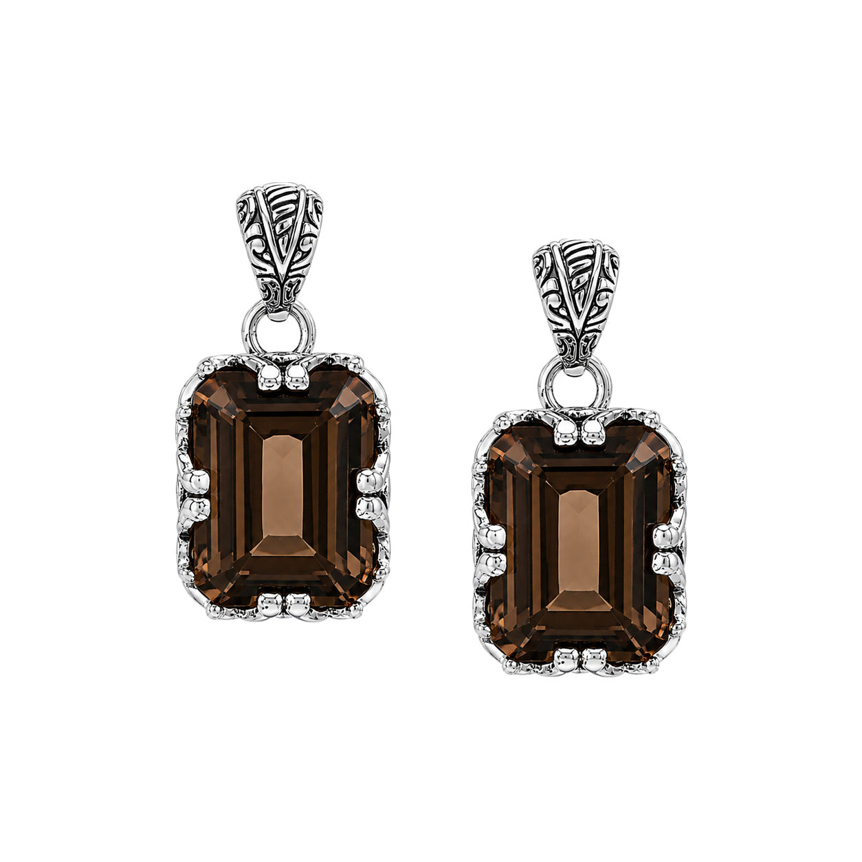 Sterling silver Smokey Quartz emerald cut pendant with handcrafted Balinese silver detailing