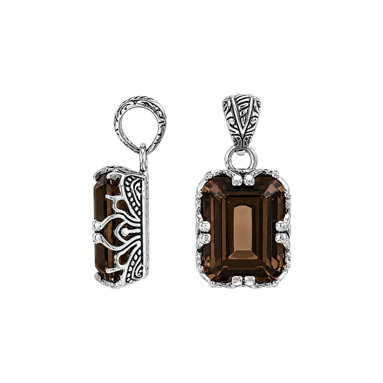 Sterling silver Smokey Quartz emerald cut pendant with handcrafted Balinese silver detailing