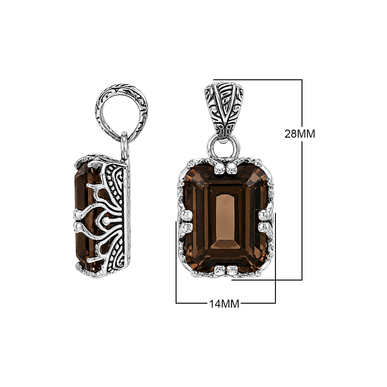 Sterling silver Smokey Quartz emerald cut pendant with handcrafted Balinese silver detailing