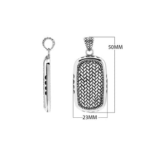 Wholesale sterling silver rectangle pendant with Bali weave pattern and dotted border – handcrafted unisex artisan jewelry for retailers and resellers.