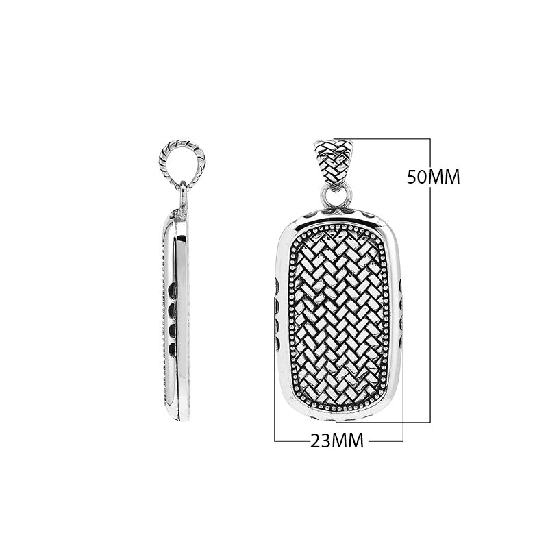Wholesale sterling silver rectangle pendant with Bali weave pattern and dotted border – handcrafted unisex artisan jewelry for retailers and resellers.