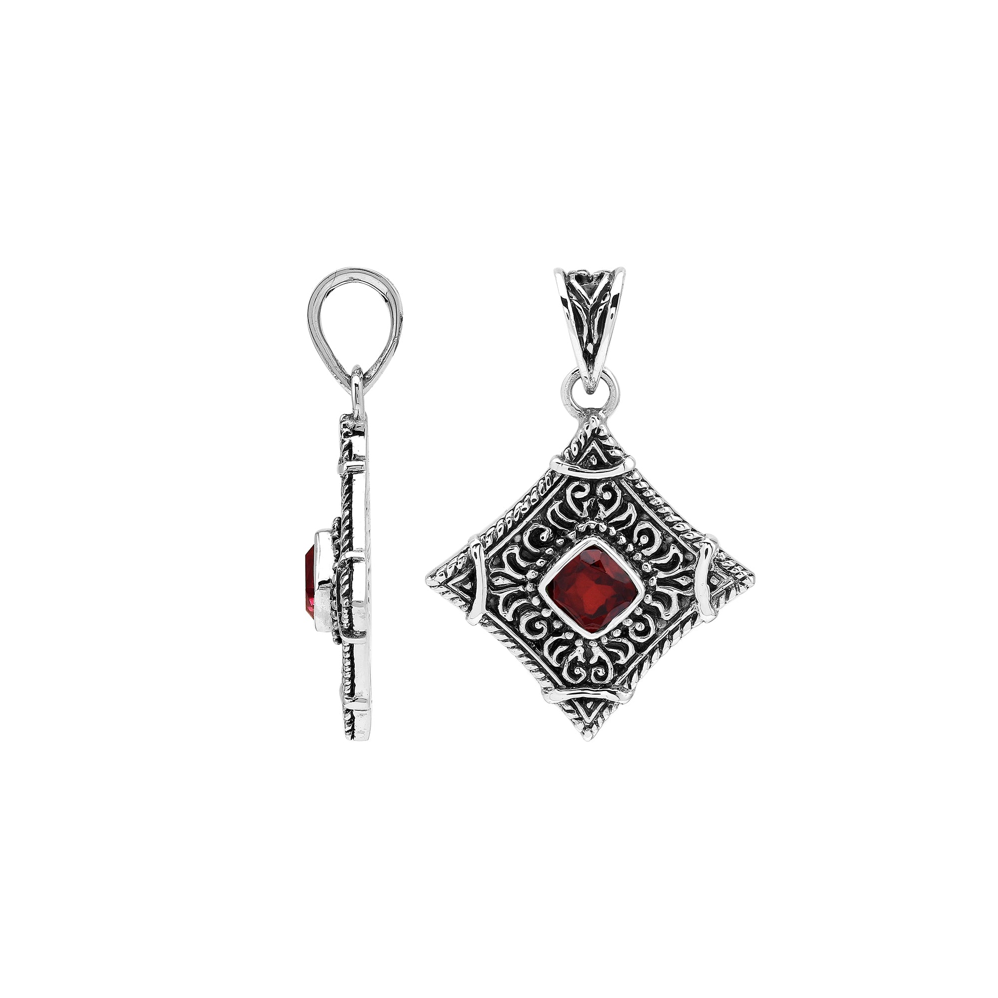 Sterling silver Garnet Quartz pendant with diamond-shaped Balinese filigree design