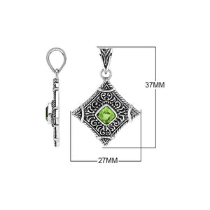 Sterling silver Peridot Quartz pendant with ornate diamond-shaped Balinese filigree