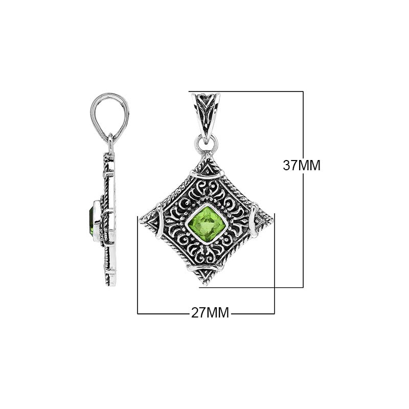 Sterling silver Peridot Quartz pendant with ornate diamond-shaped Balinese filigree