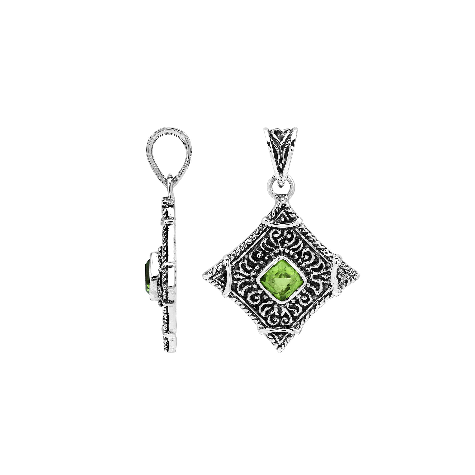 Sterling silver Peridot Quartz pendant with ornate diamond-shaped Balinese filigree