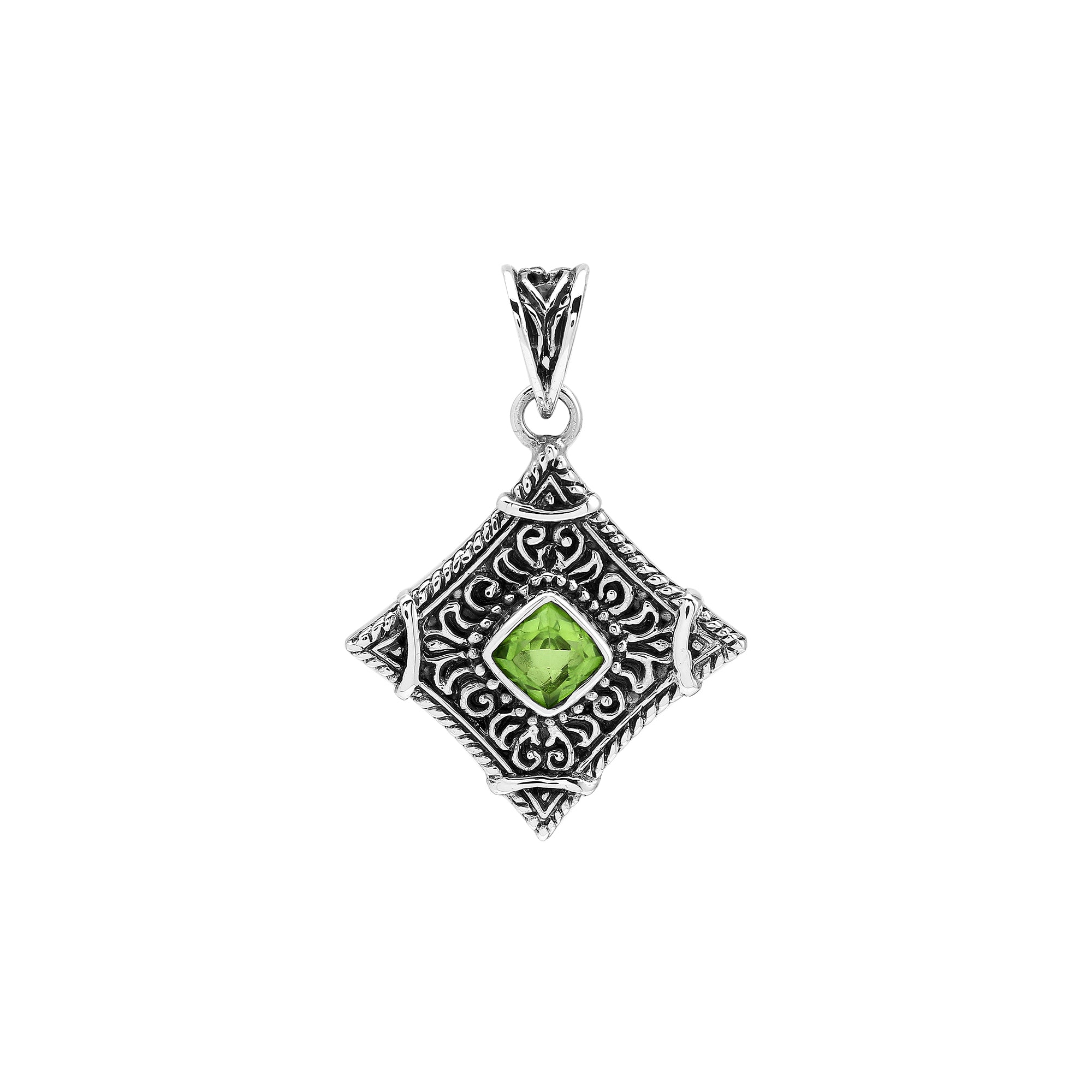 Sterling silver Peridot Quartz pendant with ornate diamond-shaped Balinese filigree