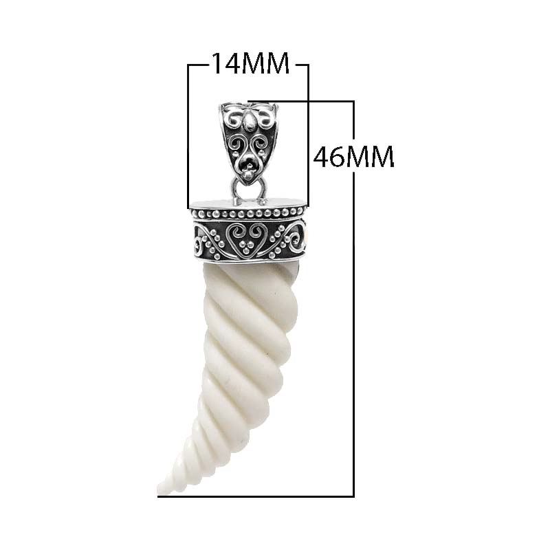 Sterling silver spiral horn bone pendant with decorative Balinese patterned cap and smooth polished finish suitable for classic wholesale jewelry collections